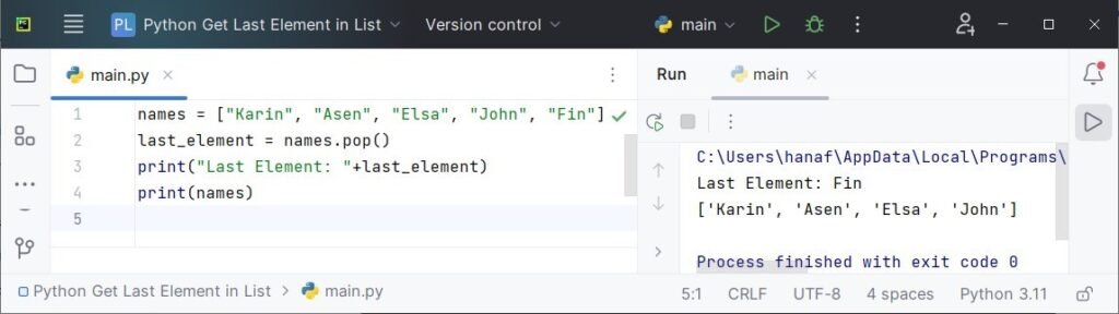 getting the last element in a list python using pop method