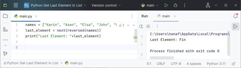 getting the last element in a list python using reversed and next function