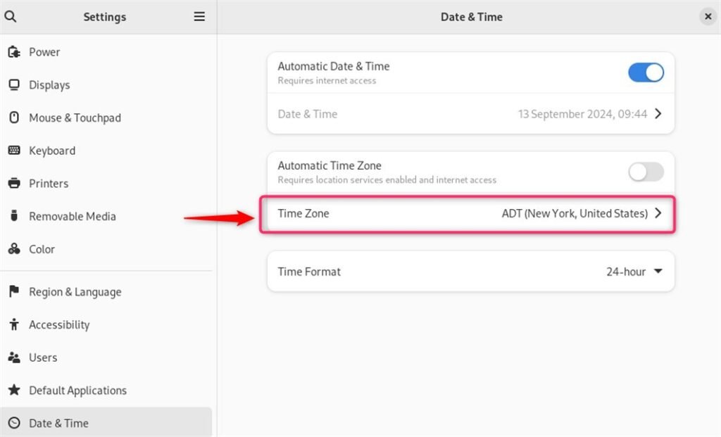 Verify Timezone on Debian 12 using Date & Time Settings